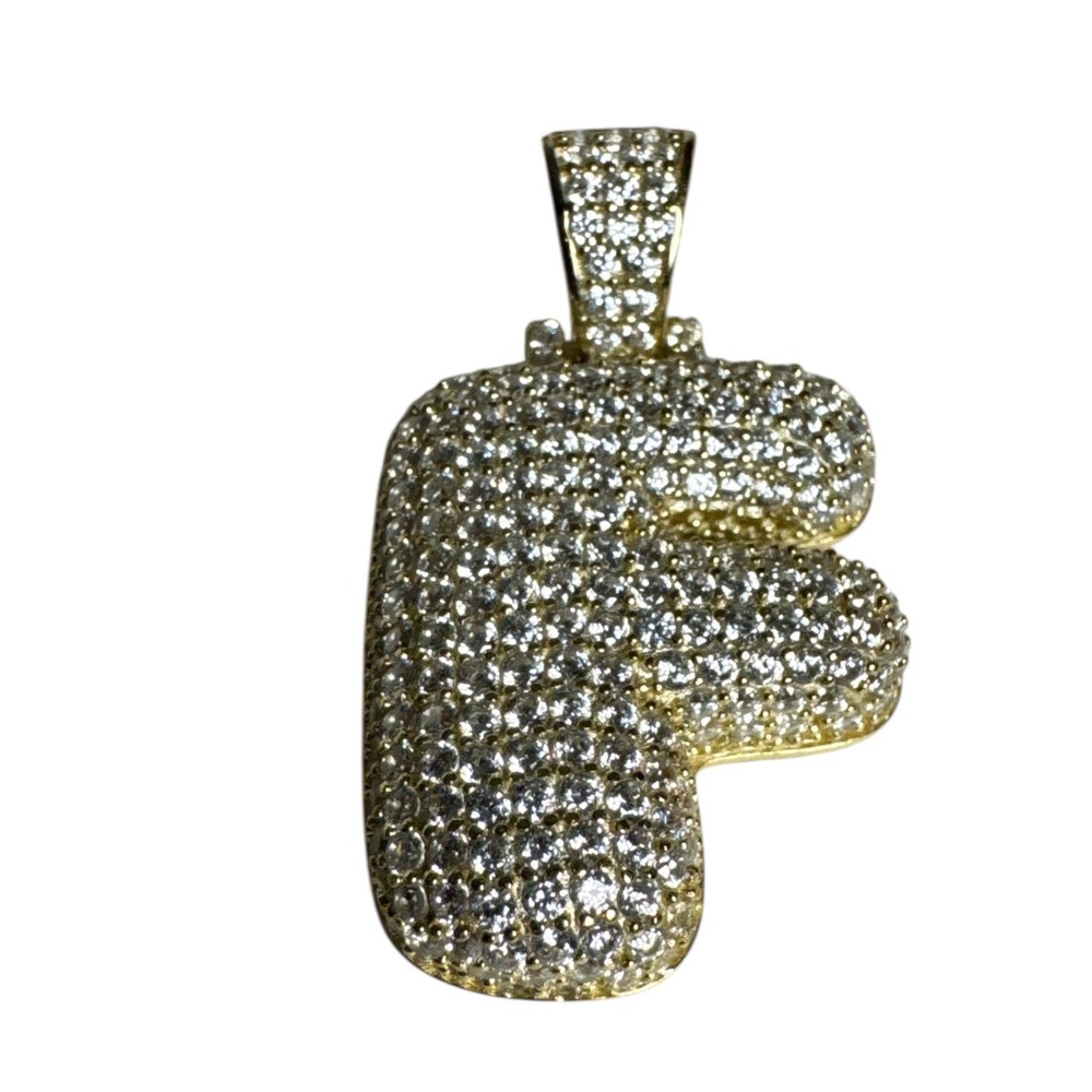 925 Sterling Silver Mens‎ CZ Initial F Bubble Letter Pendant Gold Tone NWT